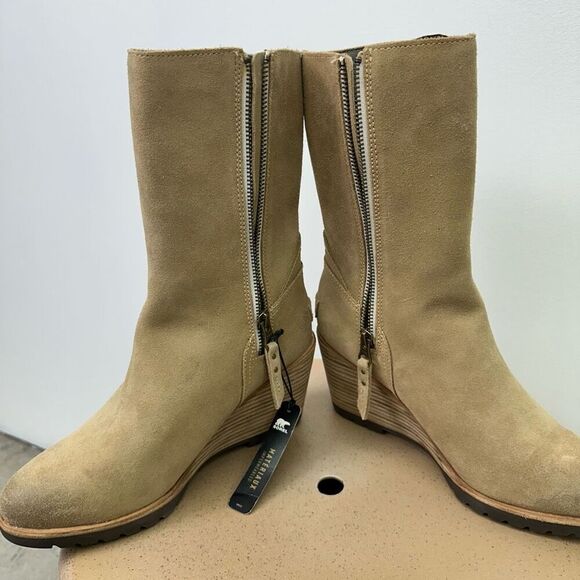 Sorel Women’s After Hours Suede Beach Tan Mid Calf Wedge Heel Zip Boot - Picture 10 of 12